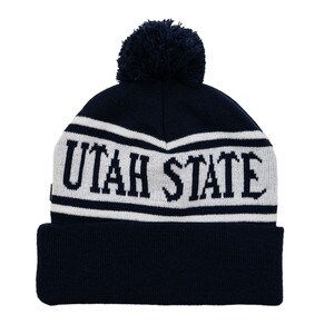 Utah State pom pom cuff beanie navy and white